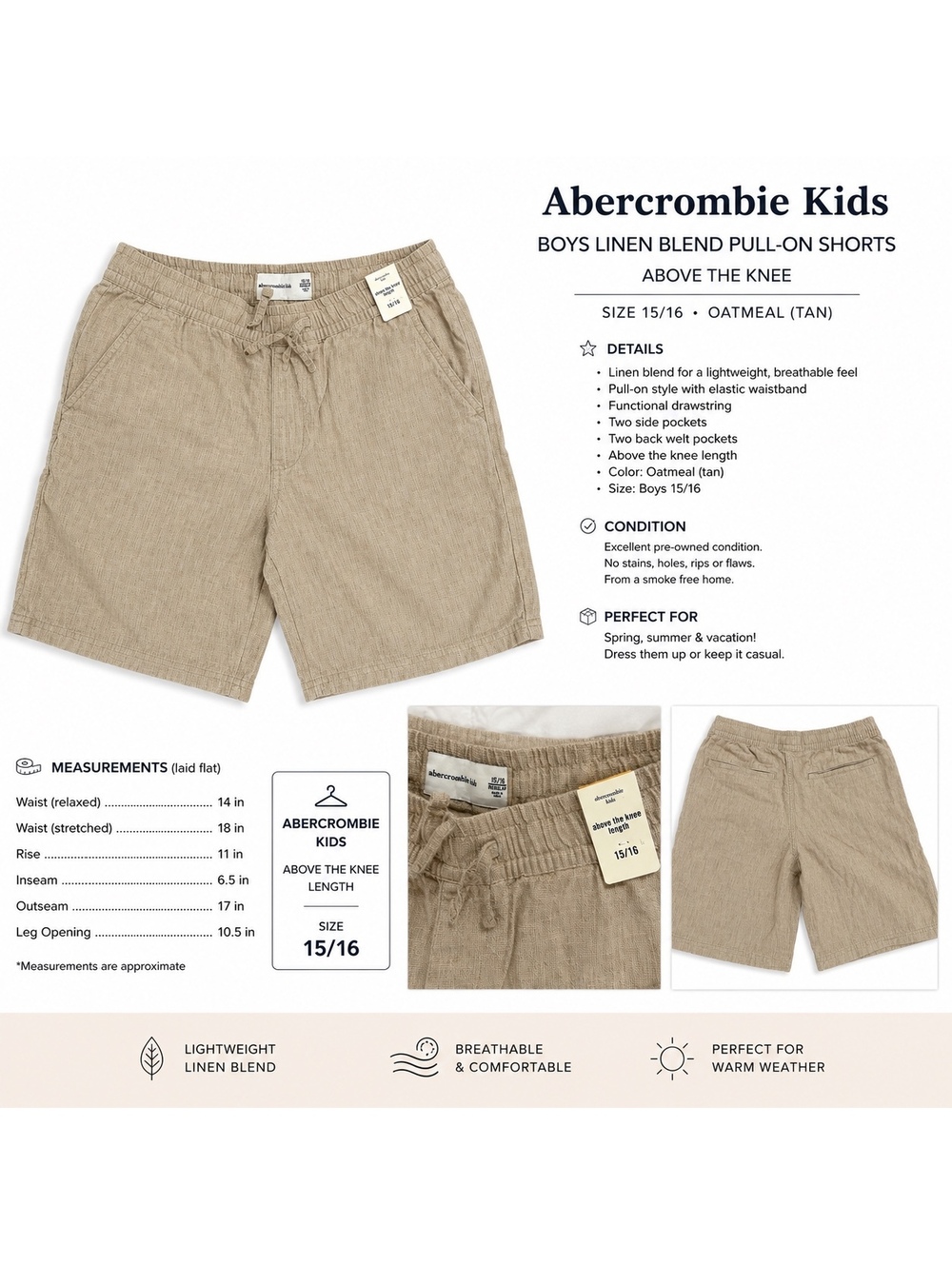 Abercrombie Kids Boys Linen Blend Pull-On Shorts Tan Size 15/16